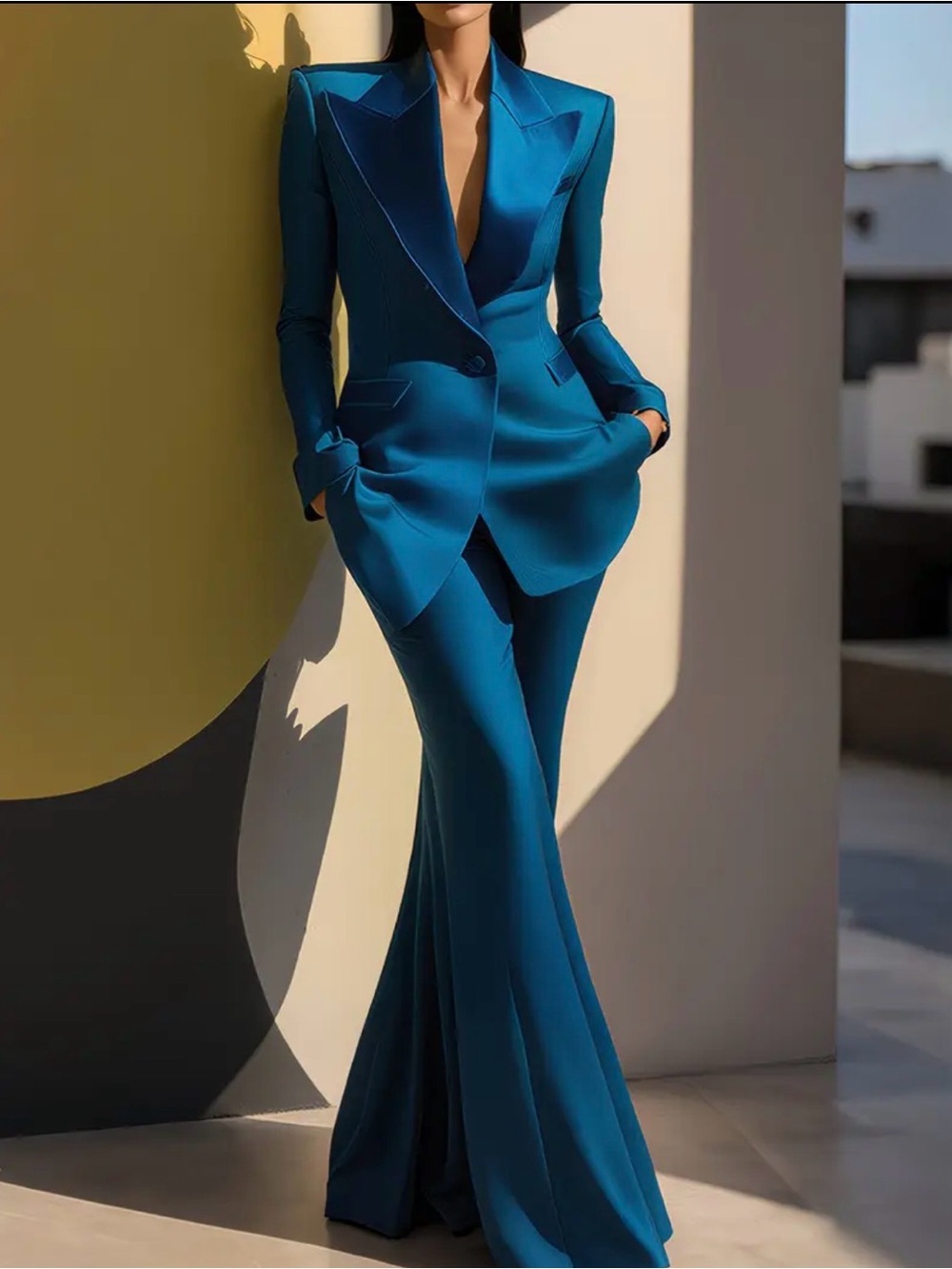 Teal Women's Tailored Pantsuit - Sleek Structured Blazer & Flared Pants - Picture 3 of 8